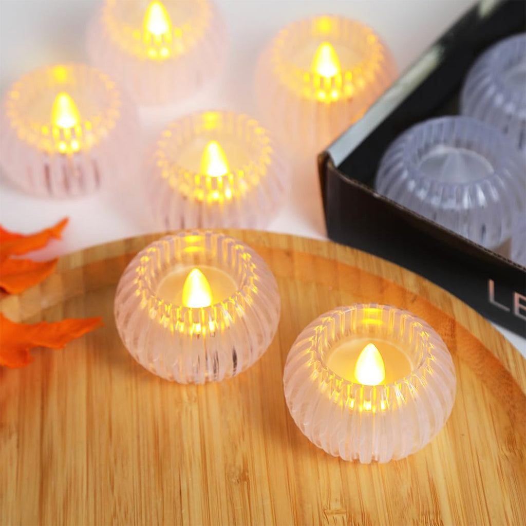 Close-up of ribbed crystal-effect LED flameless candle with flickering light