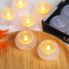 Close-up of ribbed crystal-effect LED flameless candle with flickering light