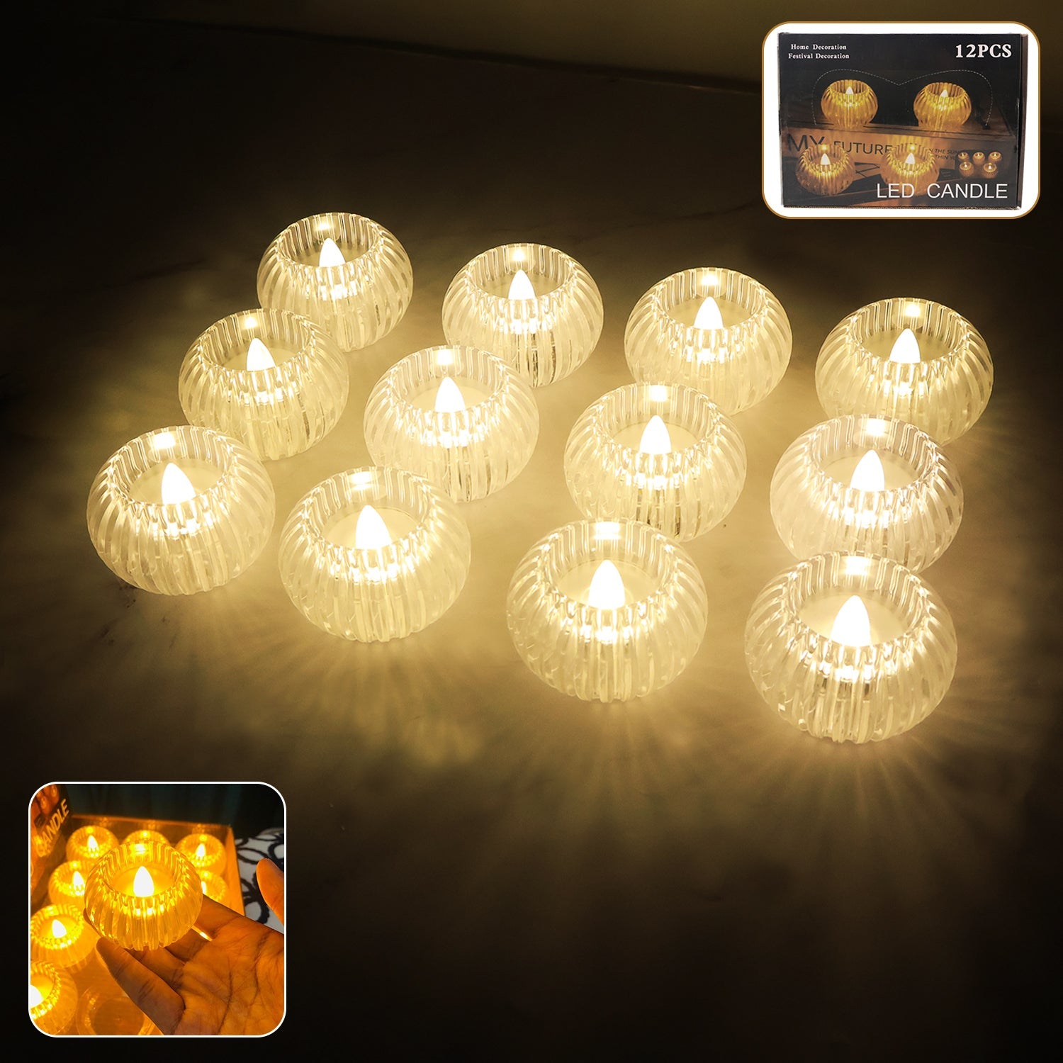 Set of LED crystal-effect flameless decorative candles glowing warmly