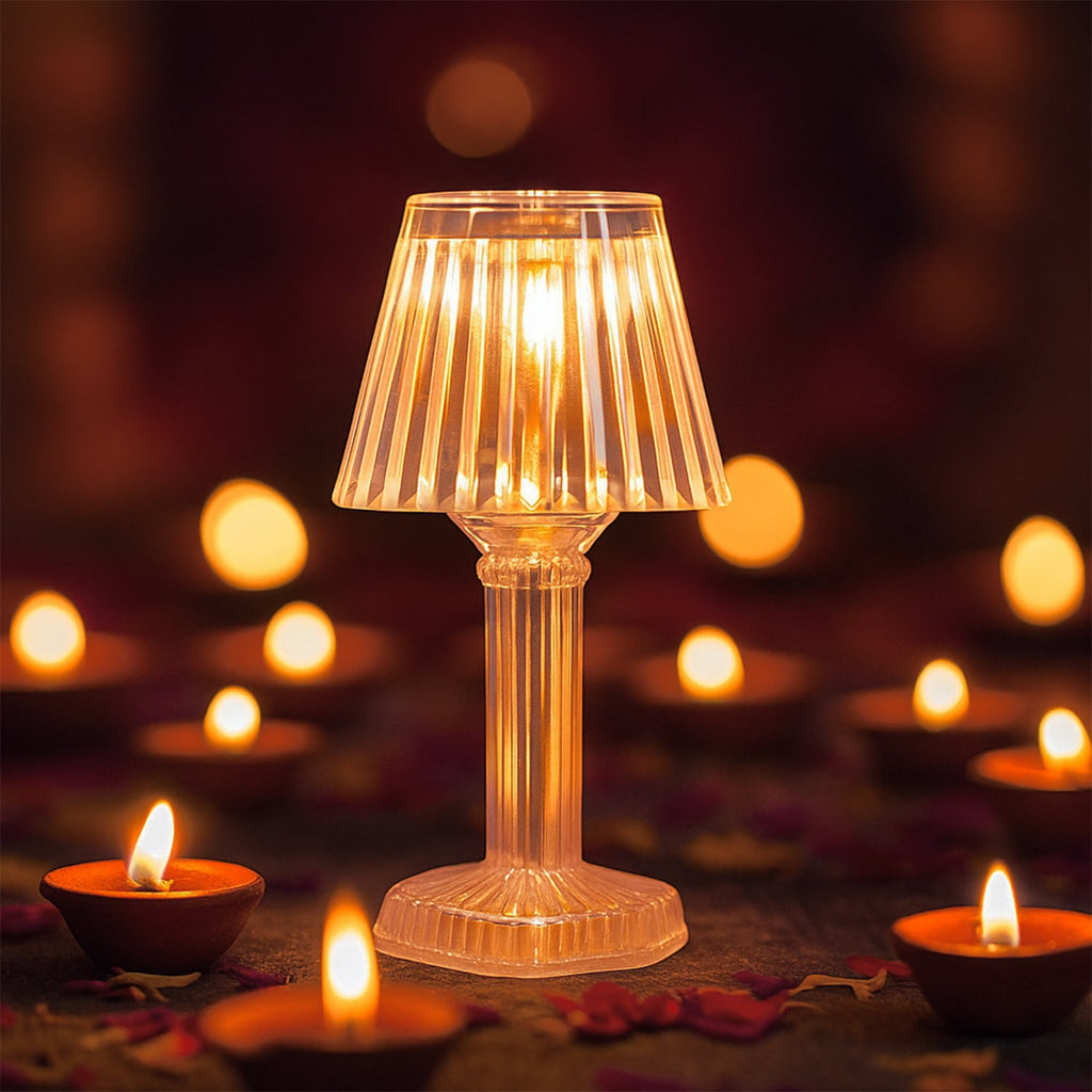 Portable flameless LED table lamp with crystal effect shade