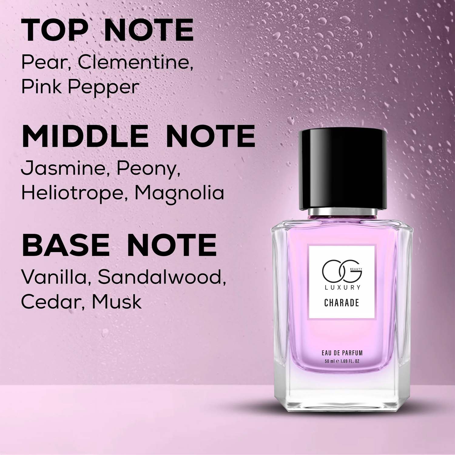 Charade Eau De Parfum amber glass bottle displayed on reflective surface