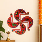 Golden-toned Acrylic Swastik Shubh Labh wall art decorated with pearls and Ganesha motif