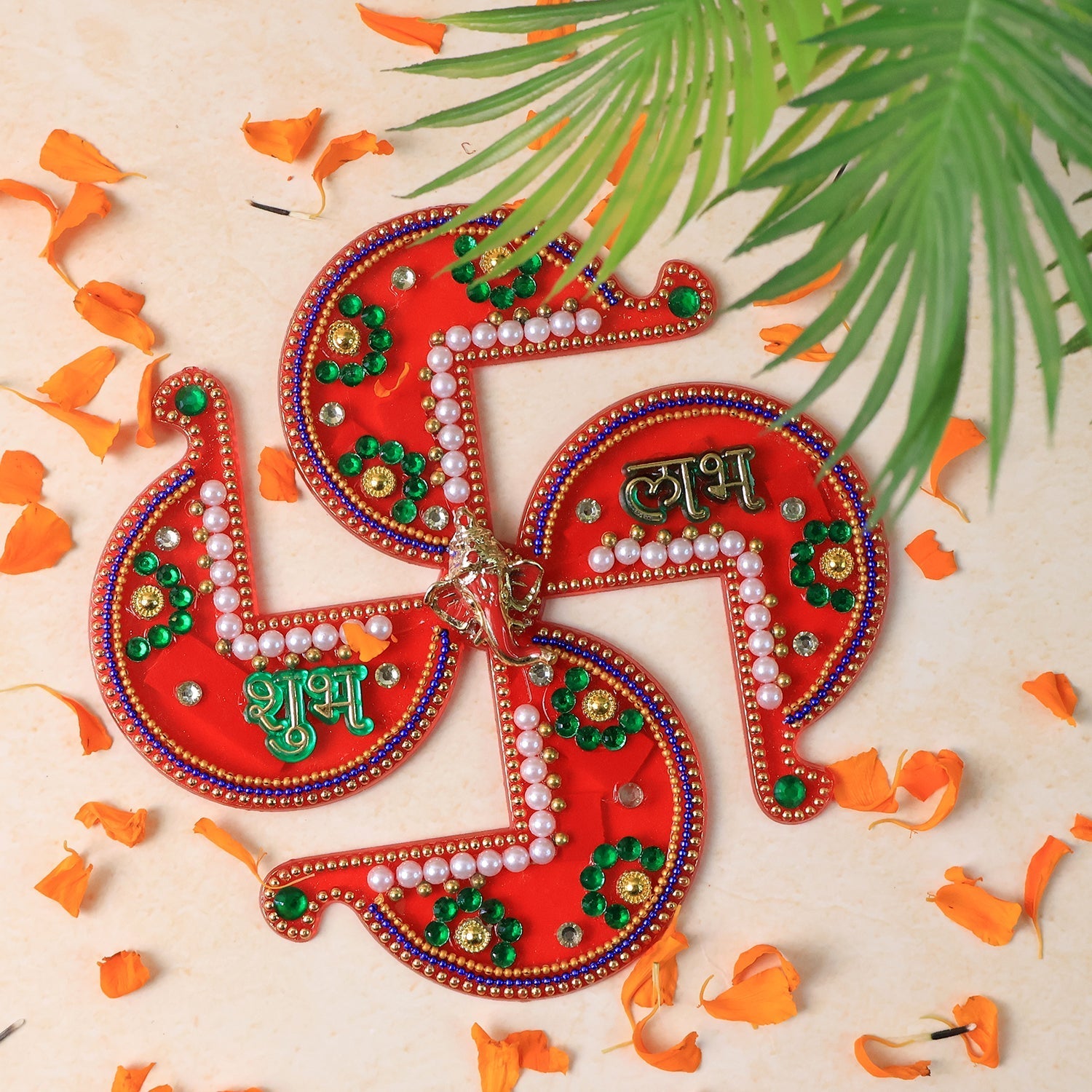 Acrylic Swastik Shubh Labh wall hanging featuring assorted colorful embellishments for home decor