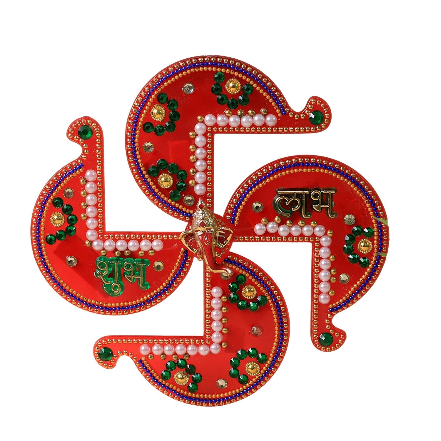 Traditional golden Swastik Shubh Labh wall hanging showcasing detailed floral and scripture designs