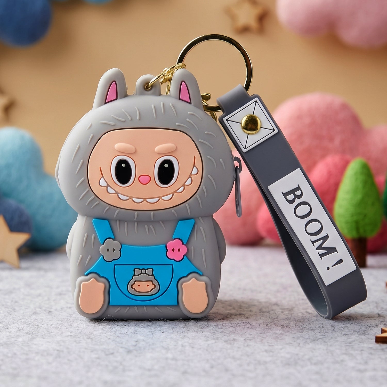 Cute cartoon silicone mini pouch keychain with strap for keys and small essentials