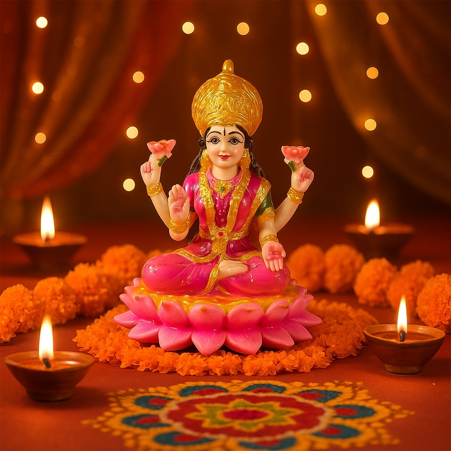 Close-up of gold finish and detailing on Lakshmi Mata statue on lotus