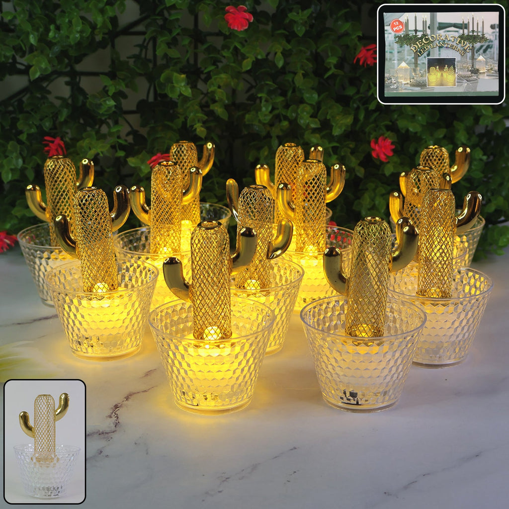 Set of 12 cactus shaped LED tealight candles with transparent holders for home décor