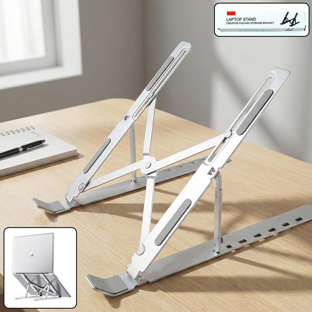 Adjustable foldable laptop stand elevating laptop on desk