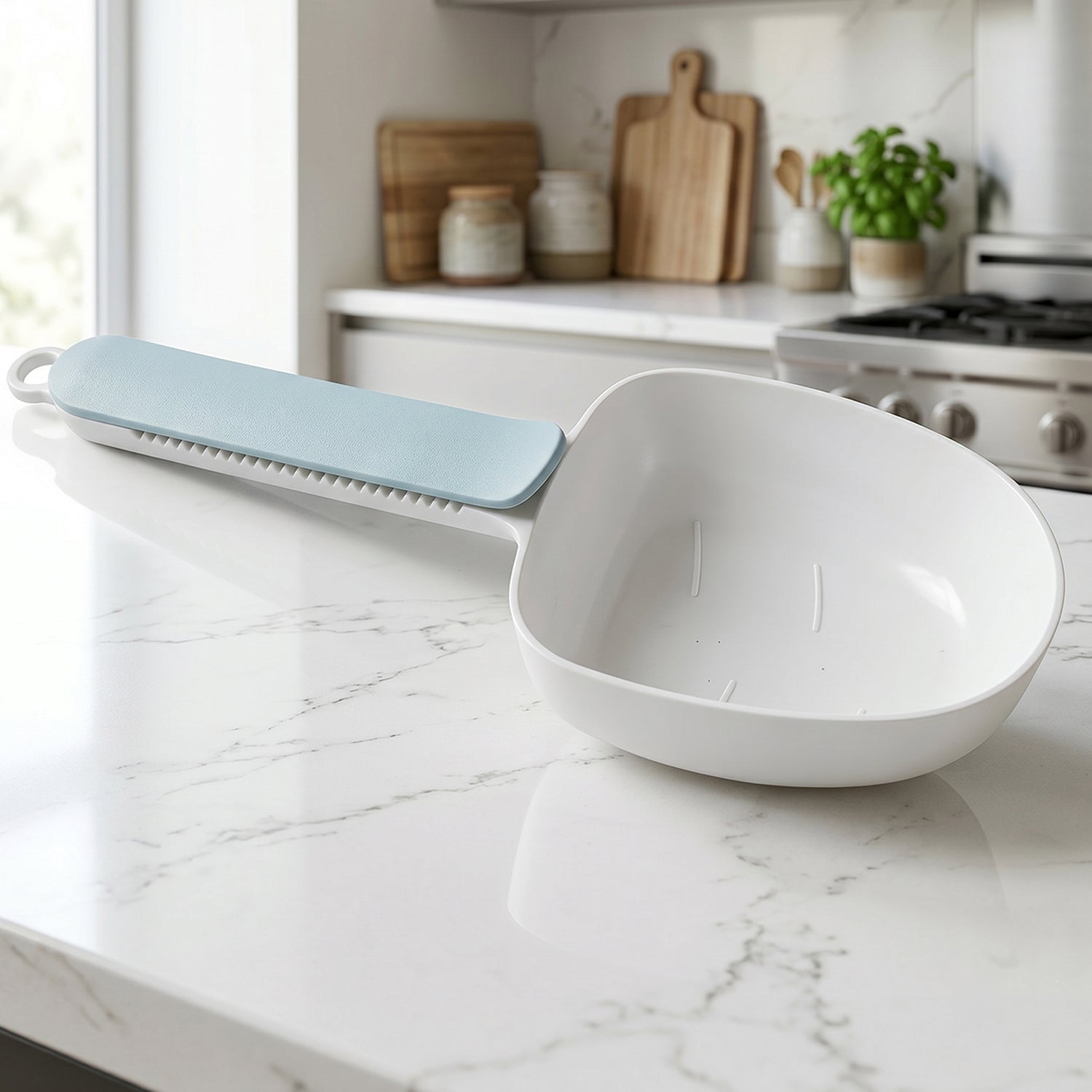 The multi-purpose plastic measuring spoon displayed in a modern kitchen setting.