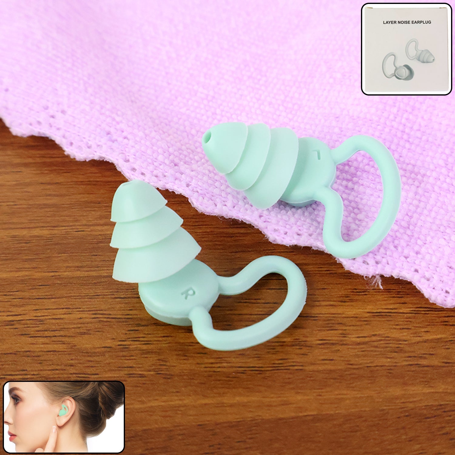 Silicone noise reduction earplugs showing triple-layer design for effective sound blocking.