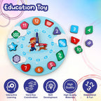 Montessori style wooden clock toy with colorful shape-based number blocks
