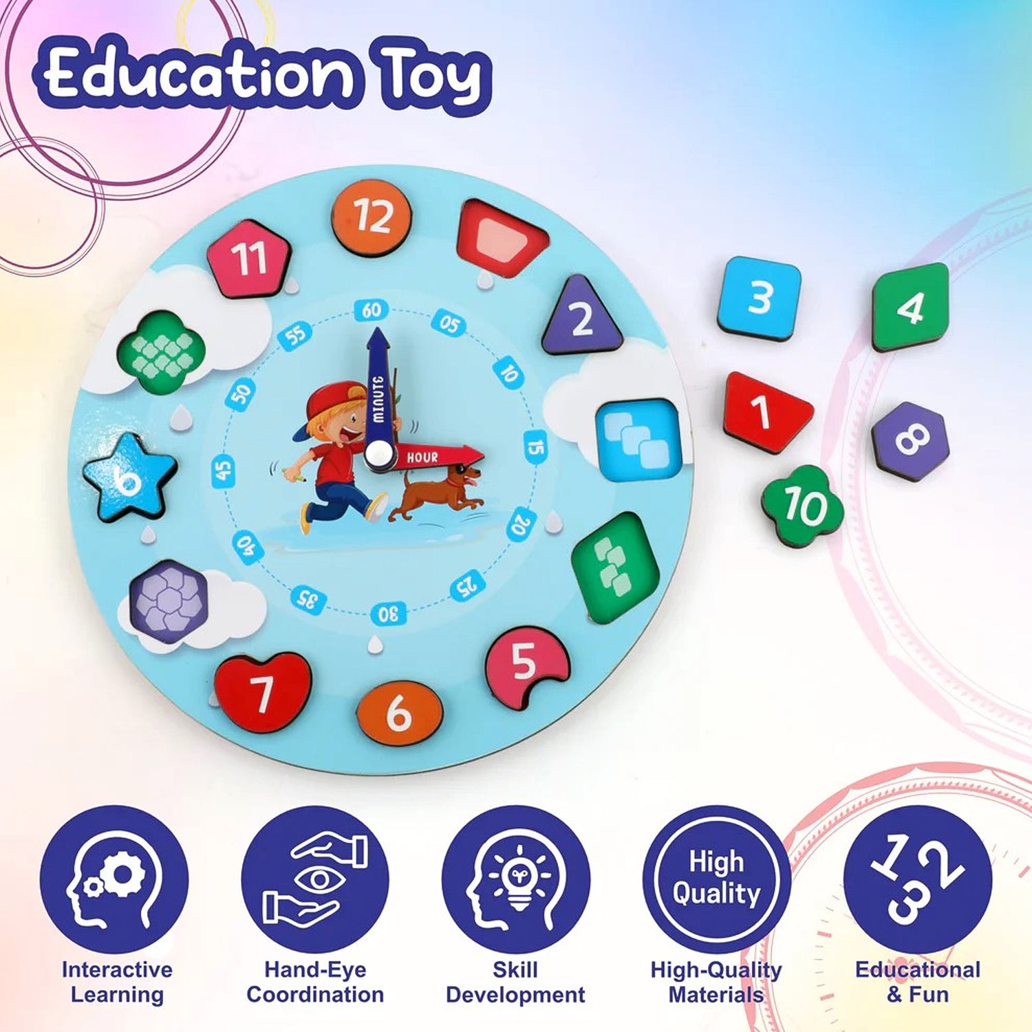 Montessori style wooden clock toy with colorful shape-based number blocks