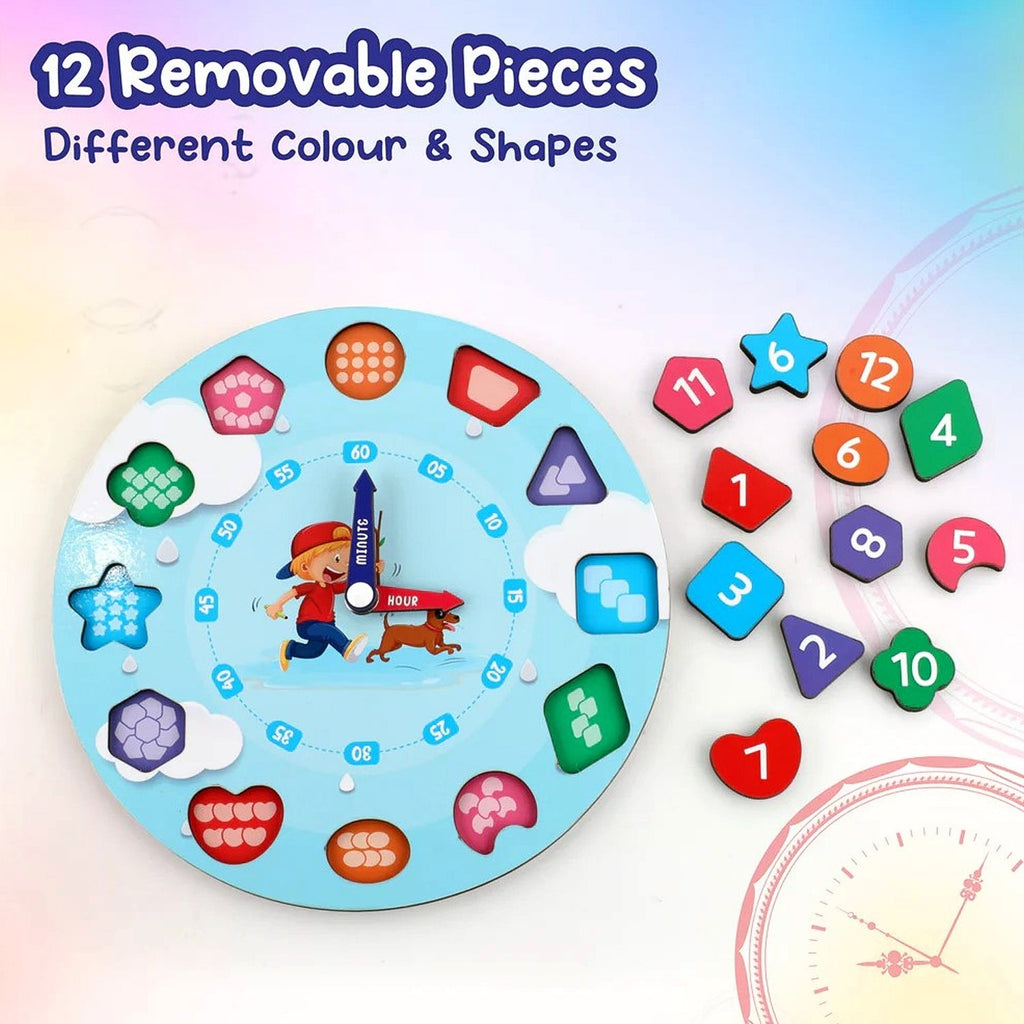 Wooden clock toy interior view focusing on educational number blocks