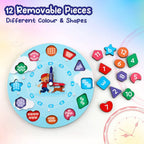 Wooden clock toy interior view focusing on educational number blocks