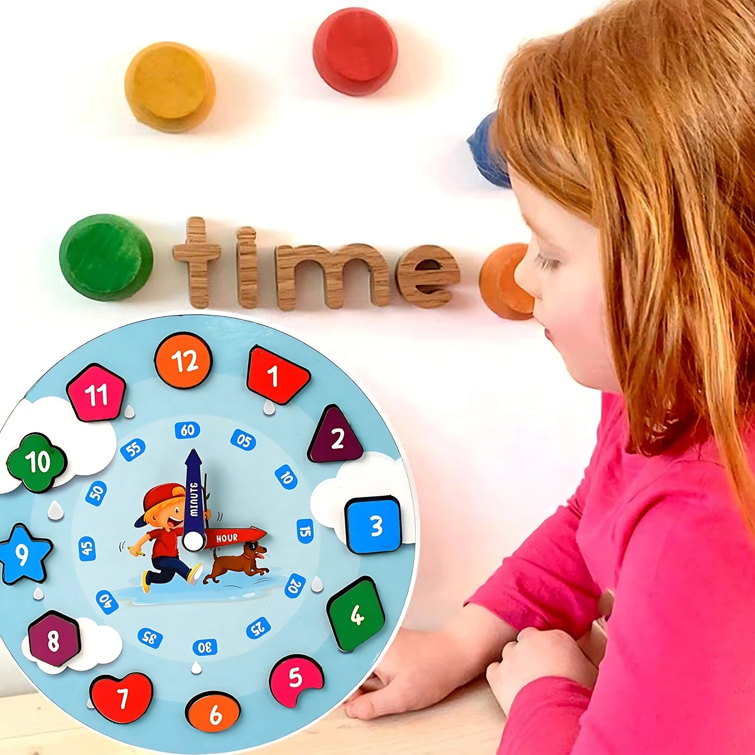 Top view of wooden learning clock toy highlighting smooth edges and colorful numbers