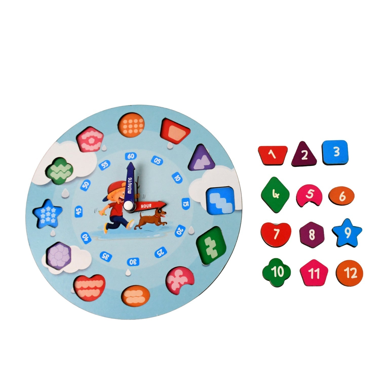 Kids wooden learning clock with vibrant numbers and movable hands