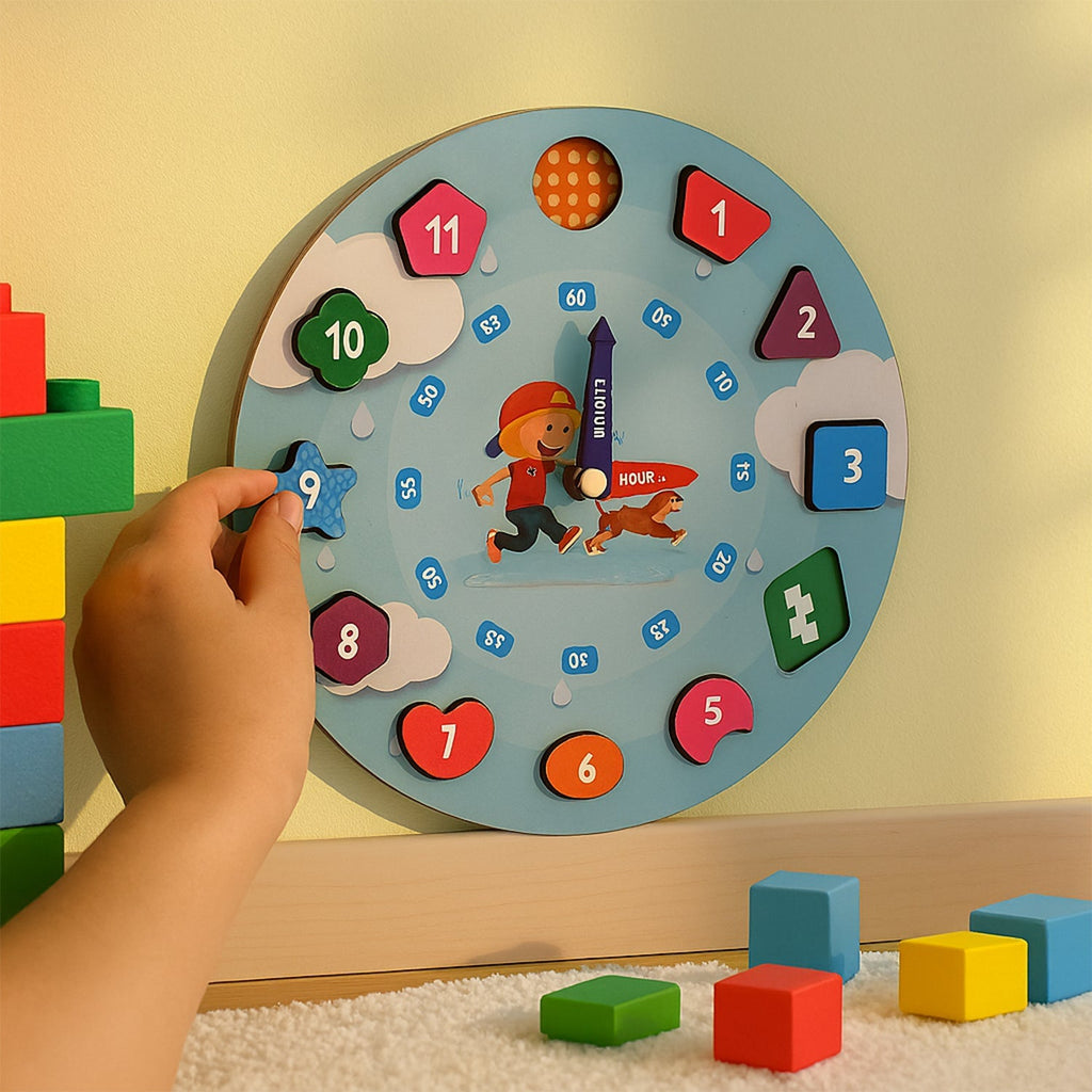 Wooden clock toy with shape-based number blocks and labeled hands for kids