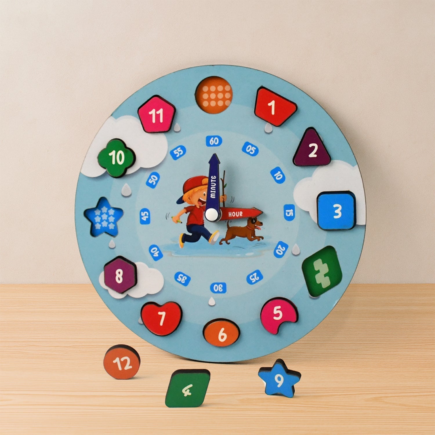 Aditi wooden clock toy showing movable hands and colorful shapes for kids learning
