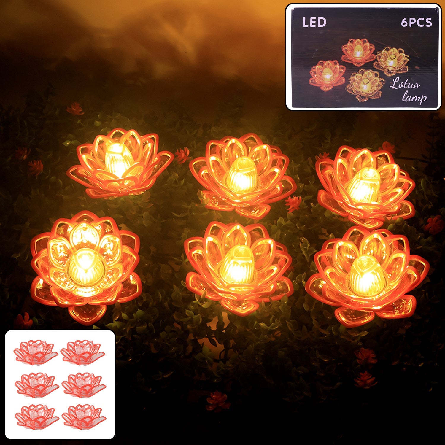 Set of 6 lotus shaped LED flameless decorative candles glowing warmly