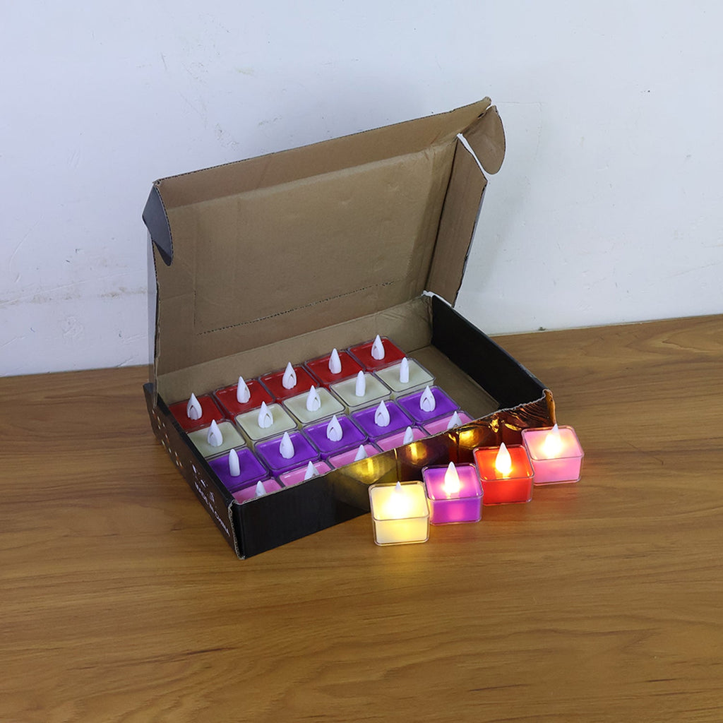 Set of 24 multi-color LED tealight candles emitting warm flickering light