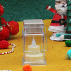 Close-up of LED lantern candle with warm light glow