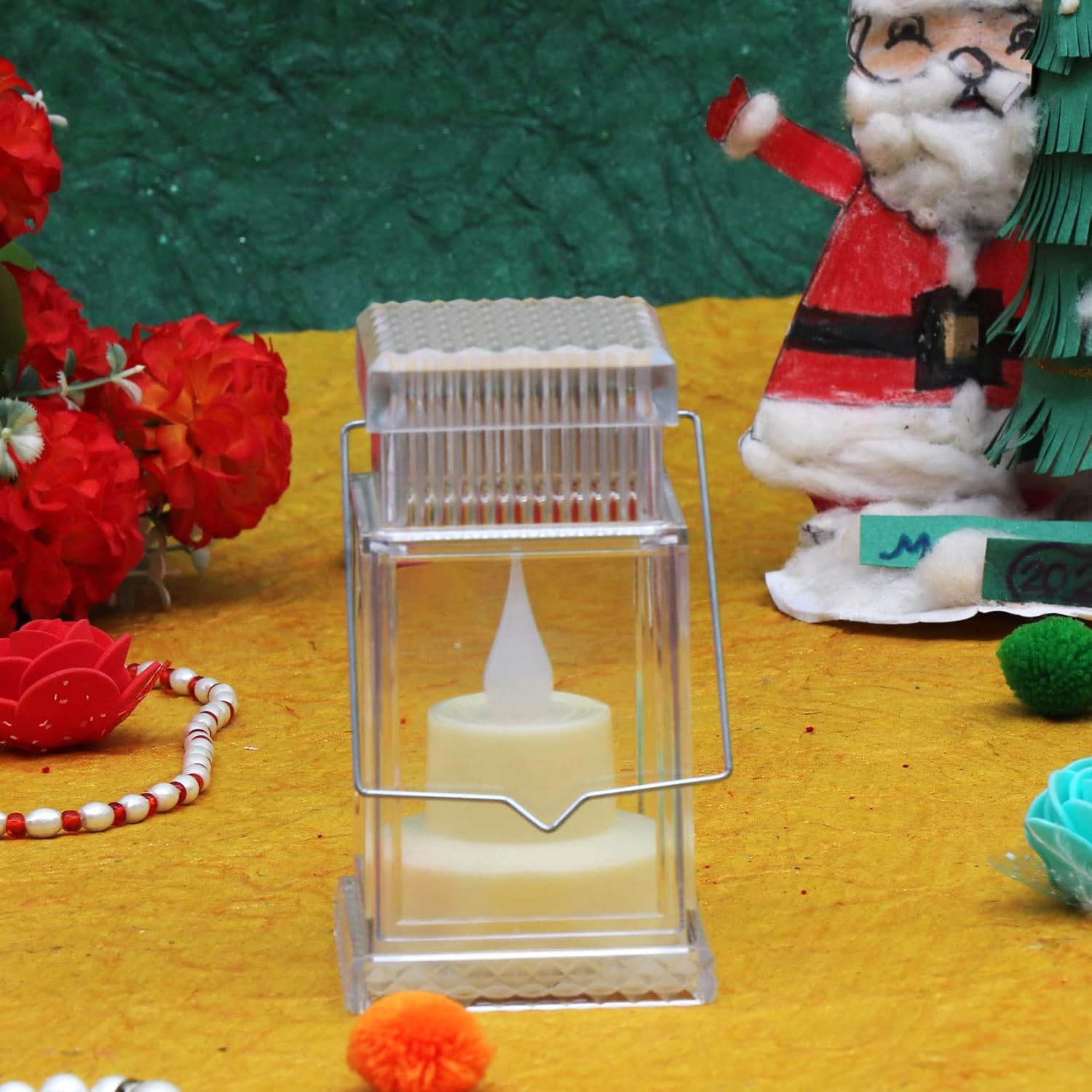 Close-up of LED lantern candle with warm light glow