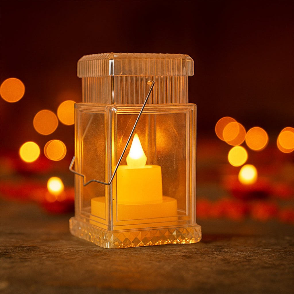 Decorative candle set with flameless LED tealights in transparent lanterns