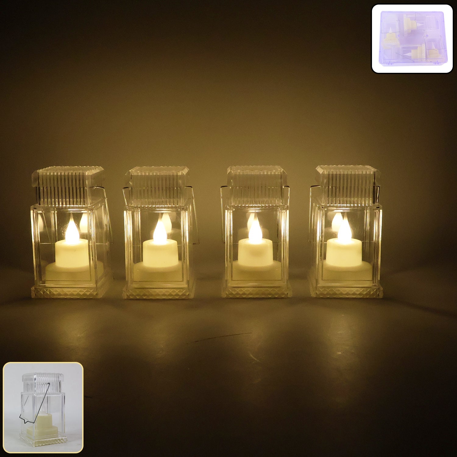 Set of 4 LED flameless lantern style decorative candles creating warm glow