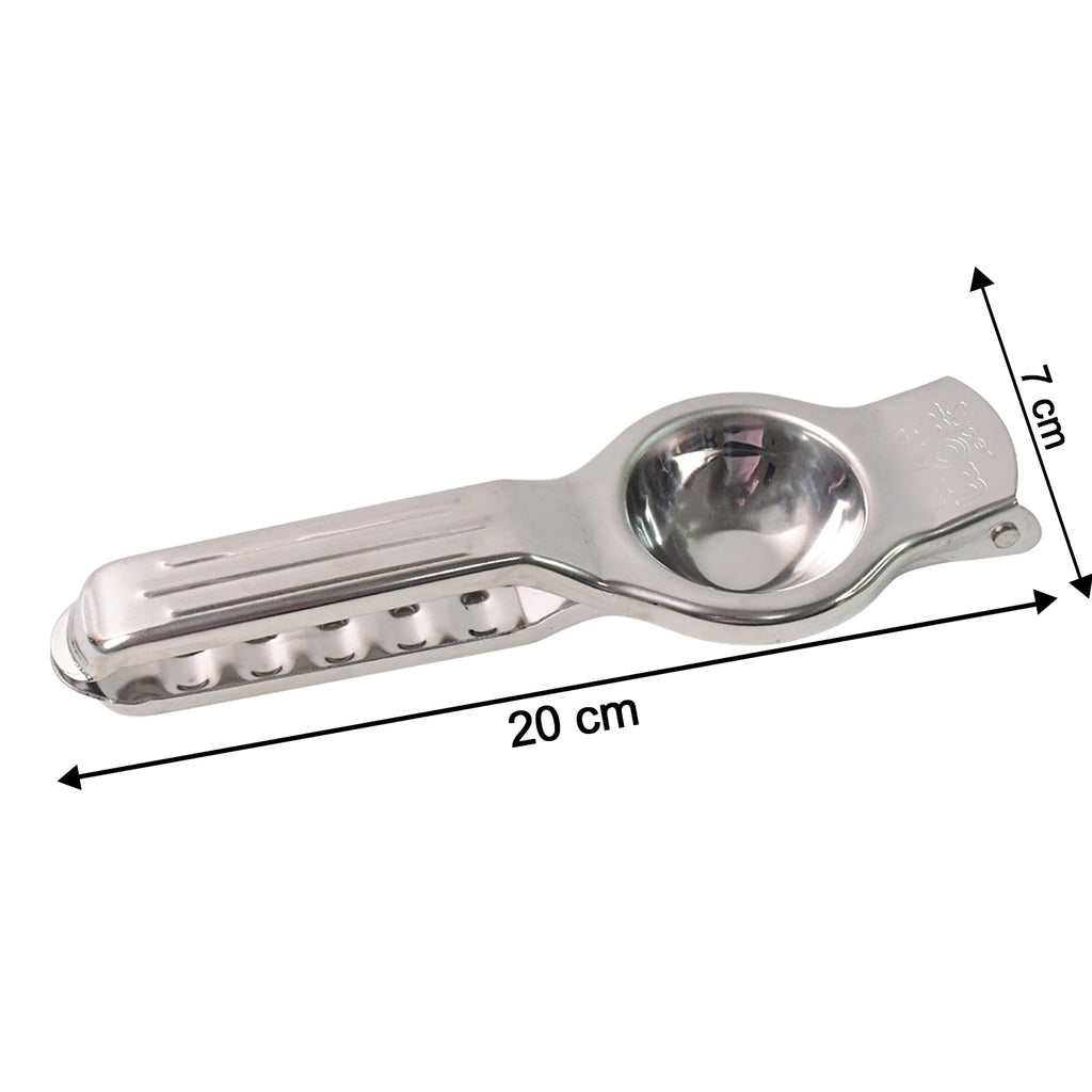 Side view of stainless steel lemon squeezer showing compact design