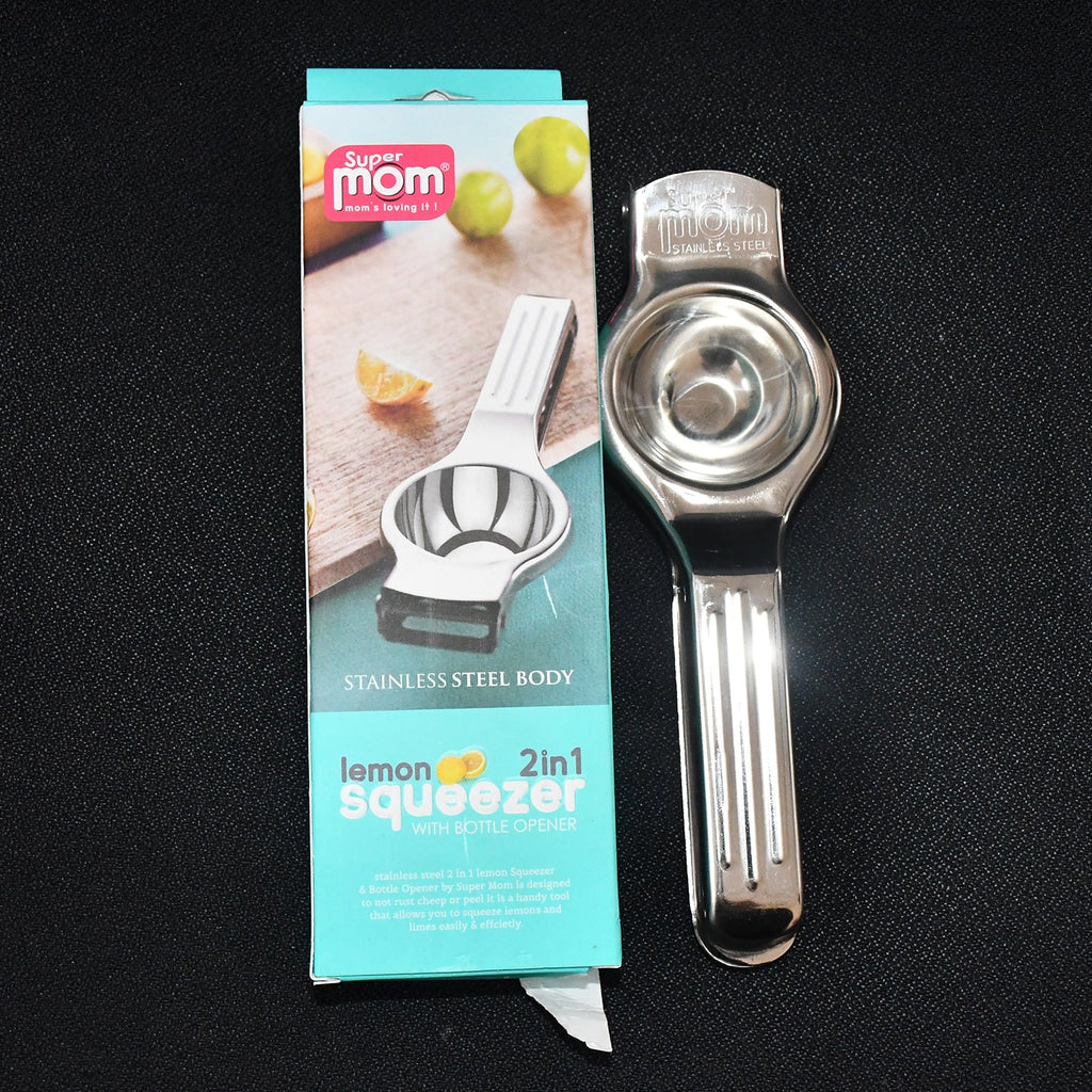 Stainless steel lemon squeezer combined with integrated bottle opener