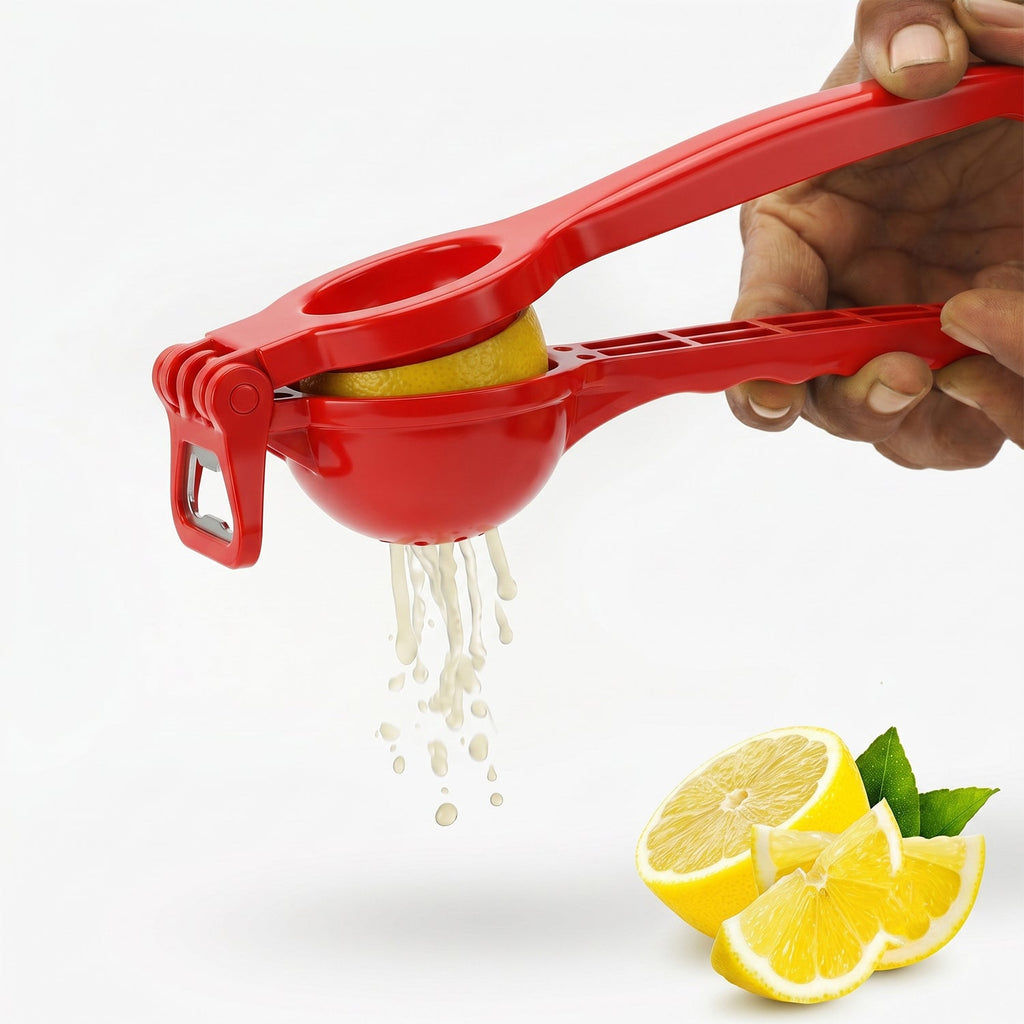 Durable plastic lemon squeezer with an integrated bottle opener.