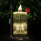 Close-up of flickering LED flame on premium crystal-effect flameless candle