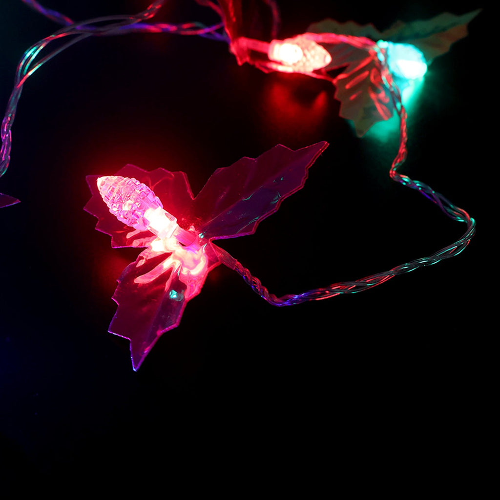 Close view of multicolor LED bulbs on decorative leaf string light