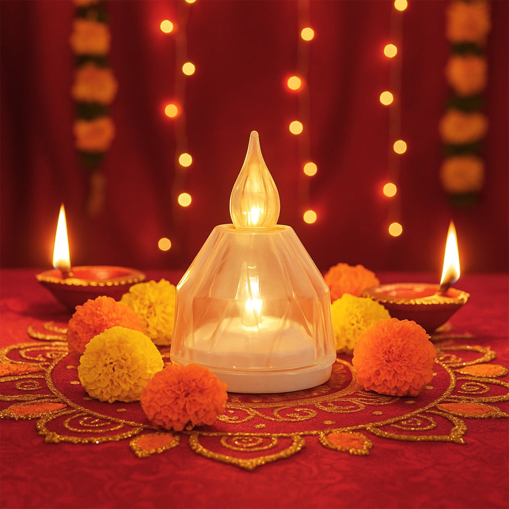 LED flameless diyas arranged for beautiful and safe festive décor
