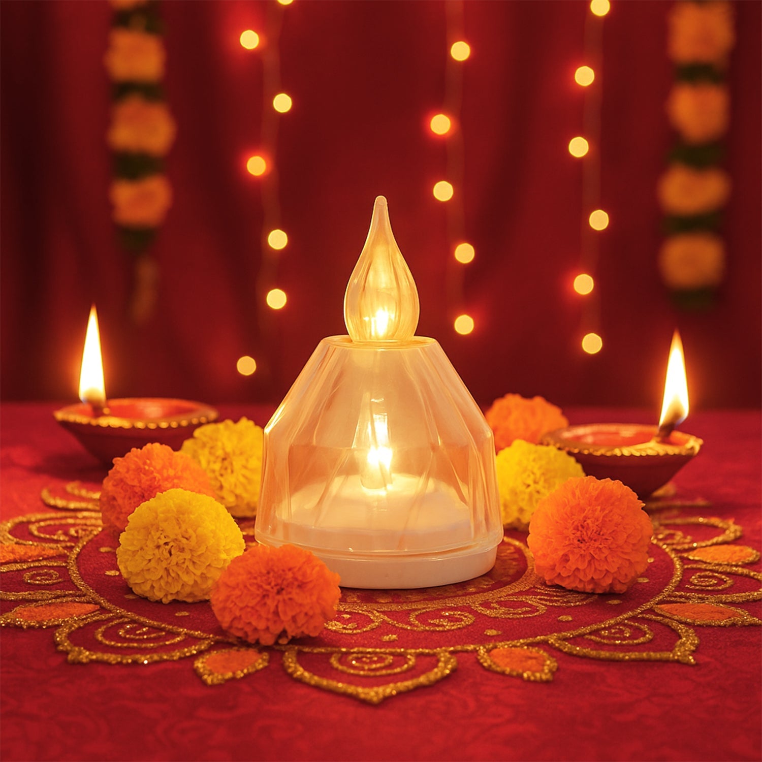 LED flameless diyas arranged for beautiful and safe festive décor