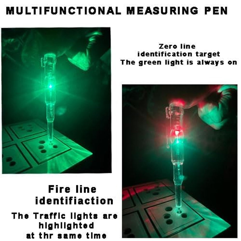 Close-up image of LED lights on digital voltage tester pen during electrical testing