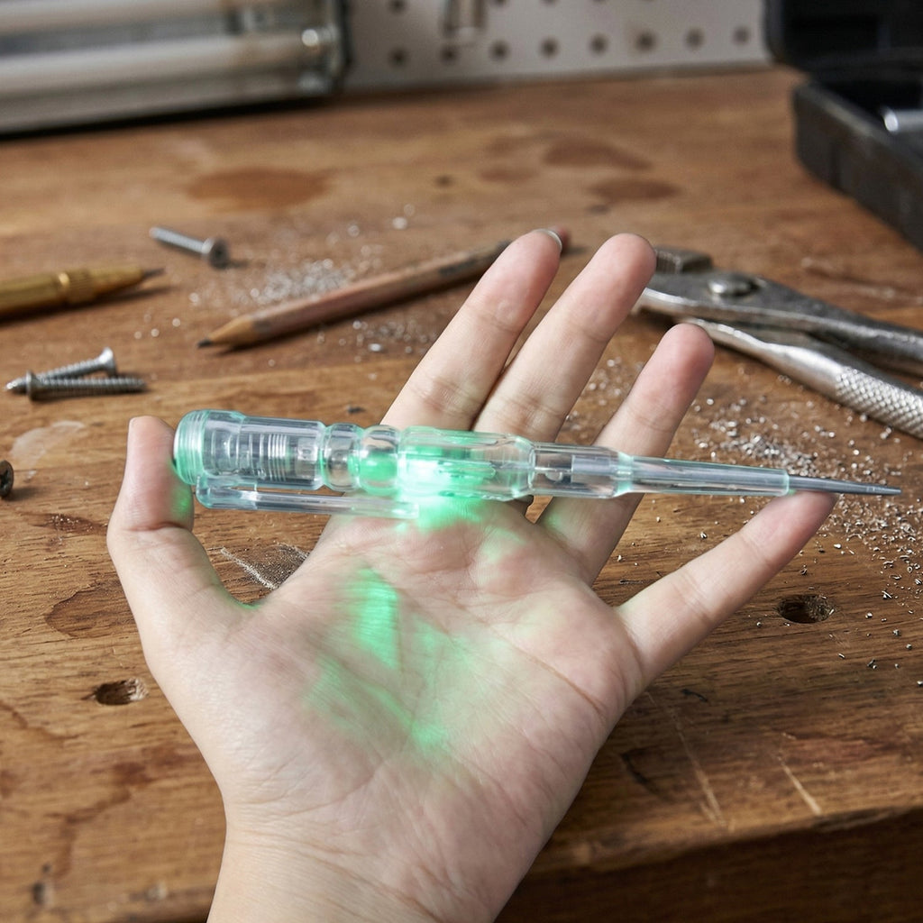 Digital voltage tester pen detecting electricity on electrical outlet with LED lights