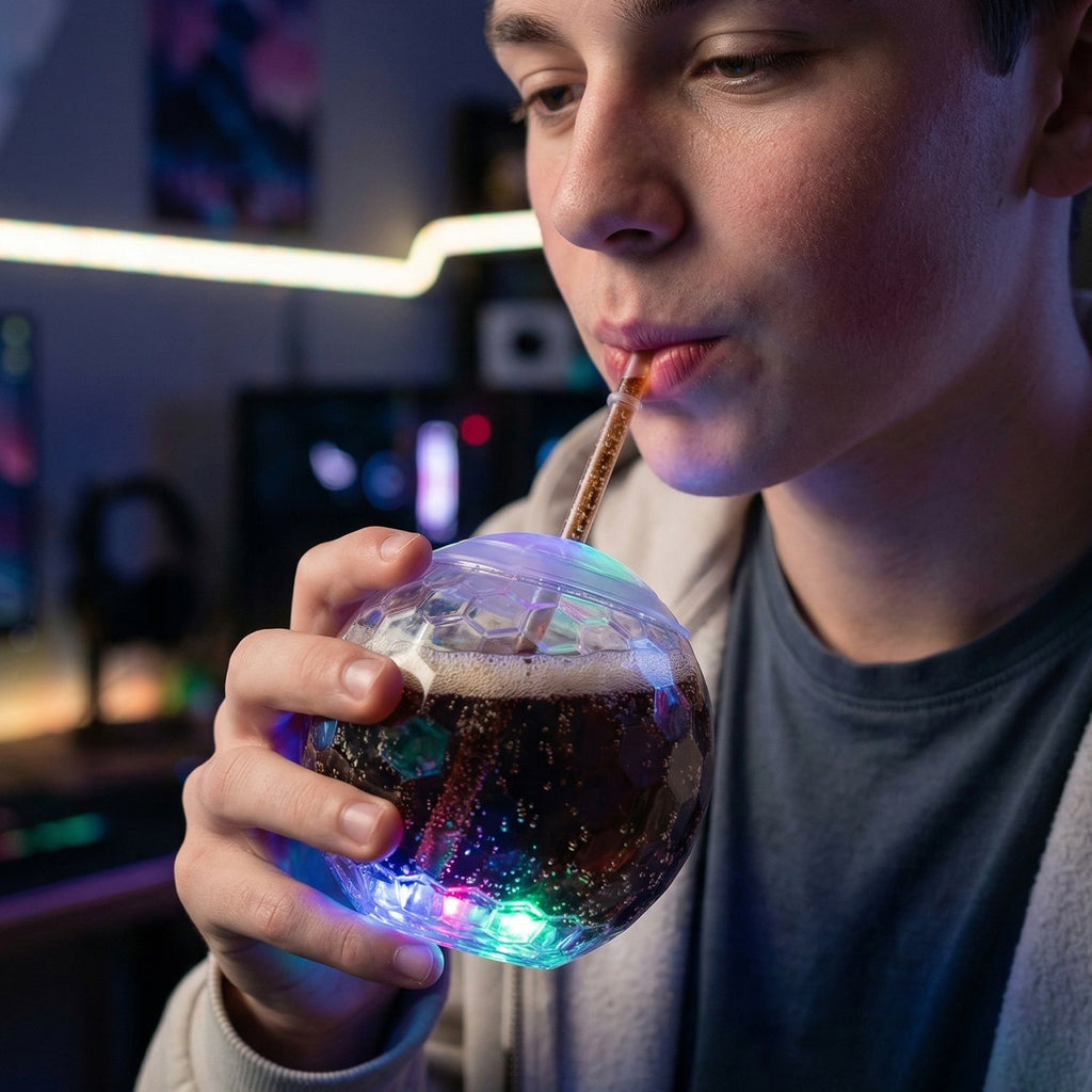 Reusable glow in dark LED drink cup with straw for kids