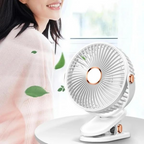 Close-up of portable clip-on fan blades and control buttons