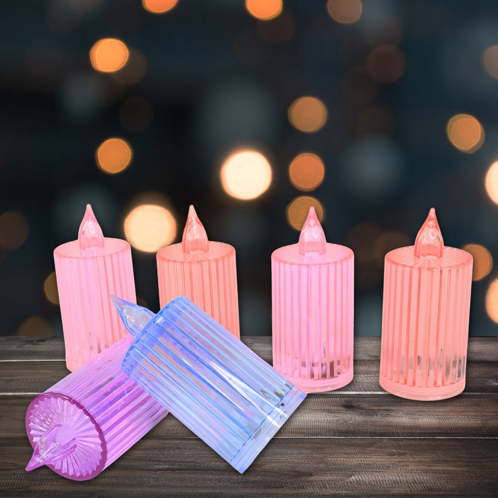 Electronic LED candle set showing ribbed crystal-effect exterior