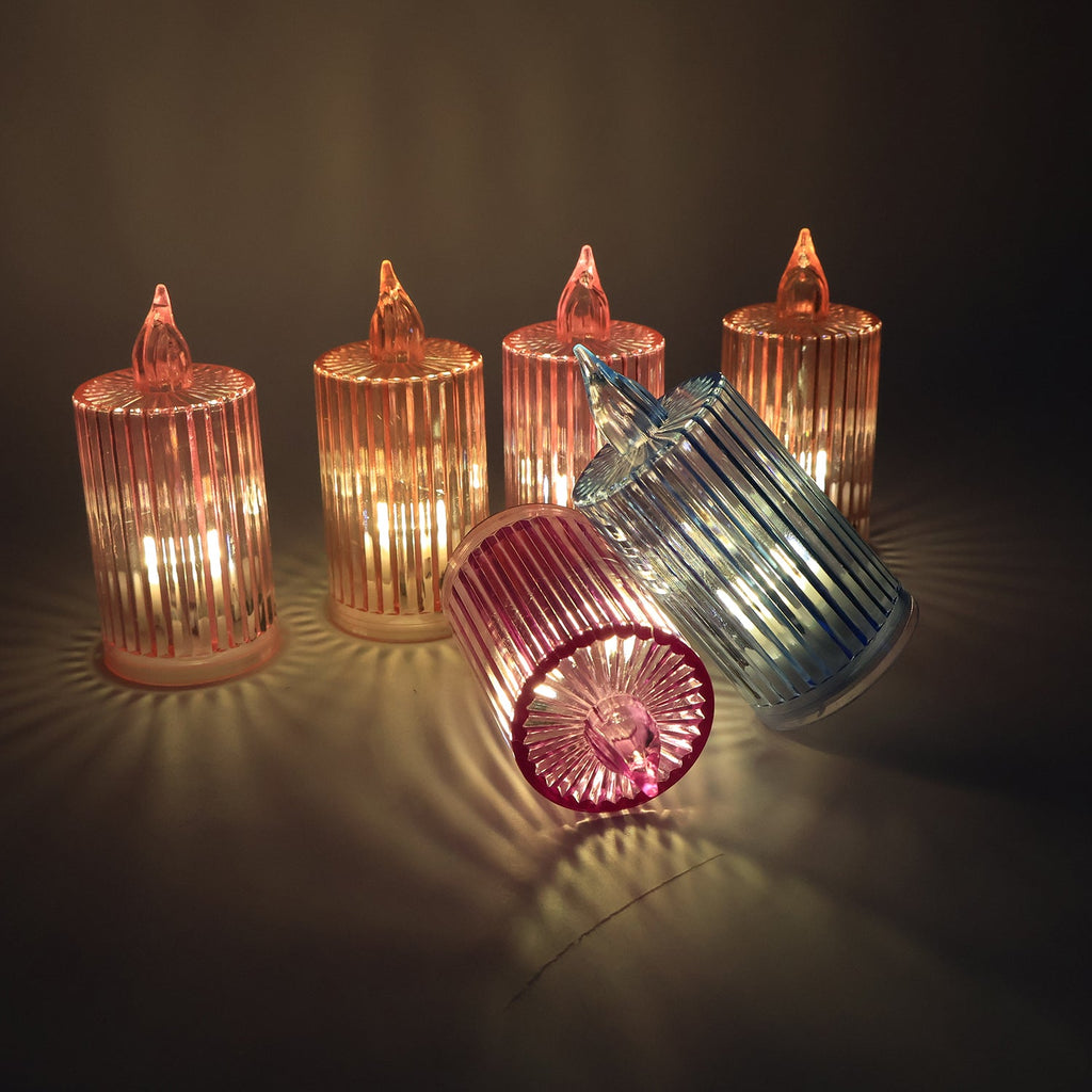 Close-up of battery-operated LED flameless candle with flickering flame