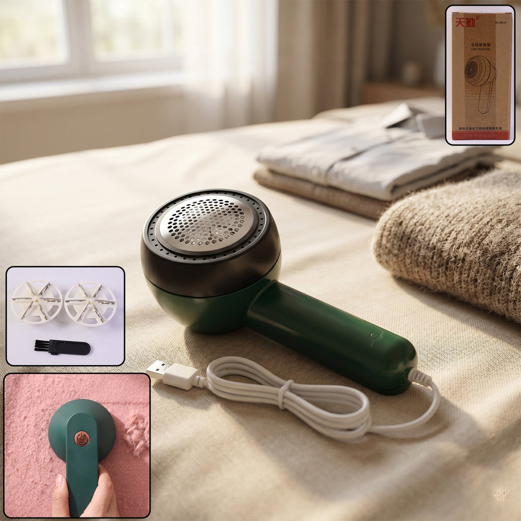 USB lint remover with replaceable blades for fabric care
