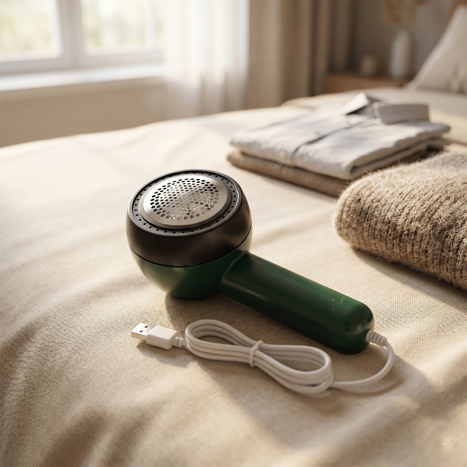 Electric lint remover in use on a sweater for fabric fuzz removal