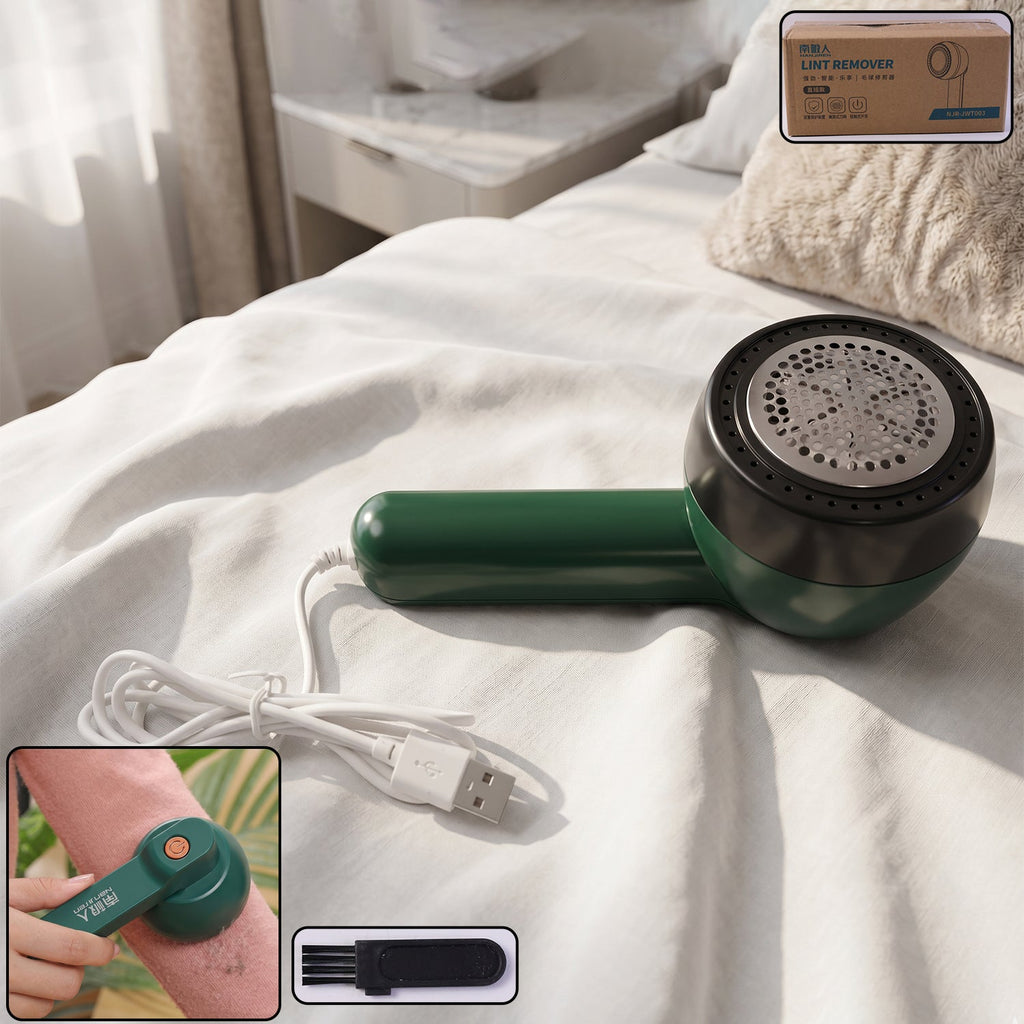 Rechargeable lint remover with protective shaving head for safe fabric fuzz removal
