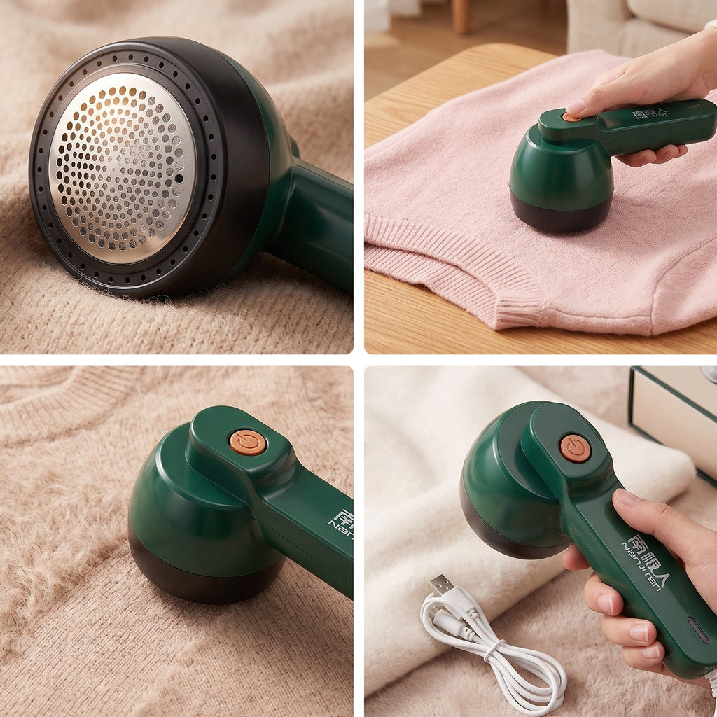 Portable fabric defuzzer with cleaning brush and charging cable