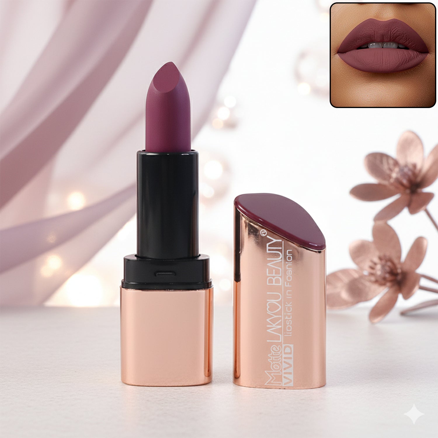 Vivid Matte Lipstick showing bold mix-color in elegant rose-gold metallic case