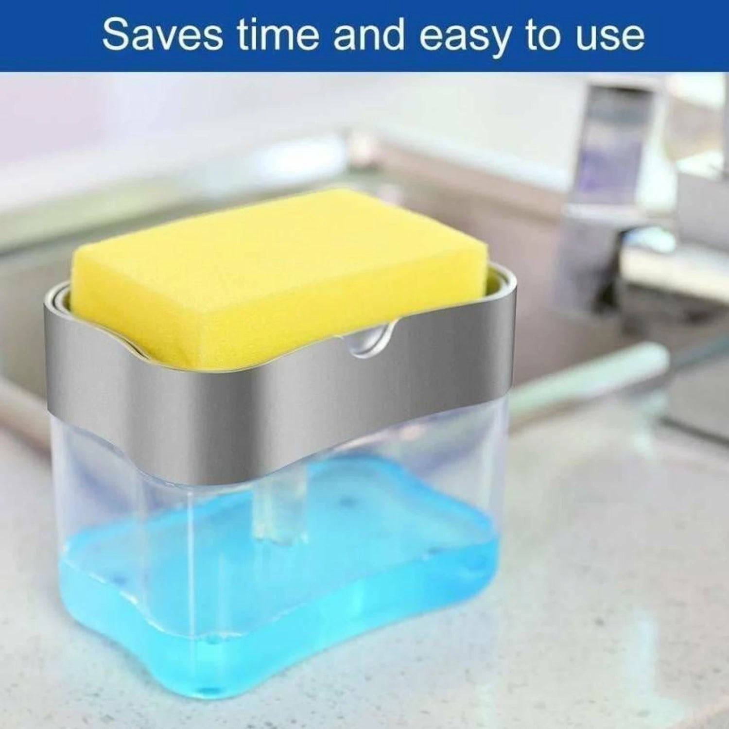 Hand pressing a sponge onto the soap pump for efficient dishwashing.