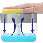 Soap dispenser and sponge holder in a modern kitchen setting.