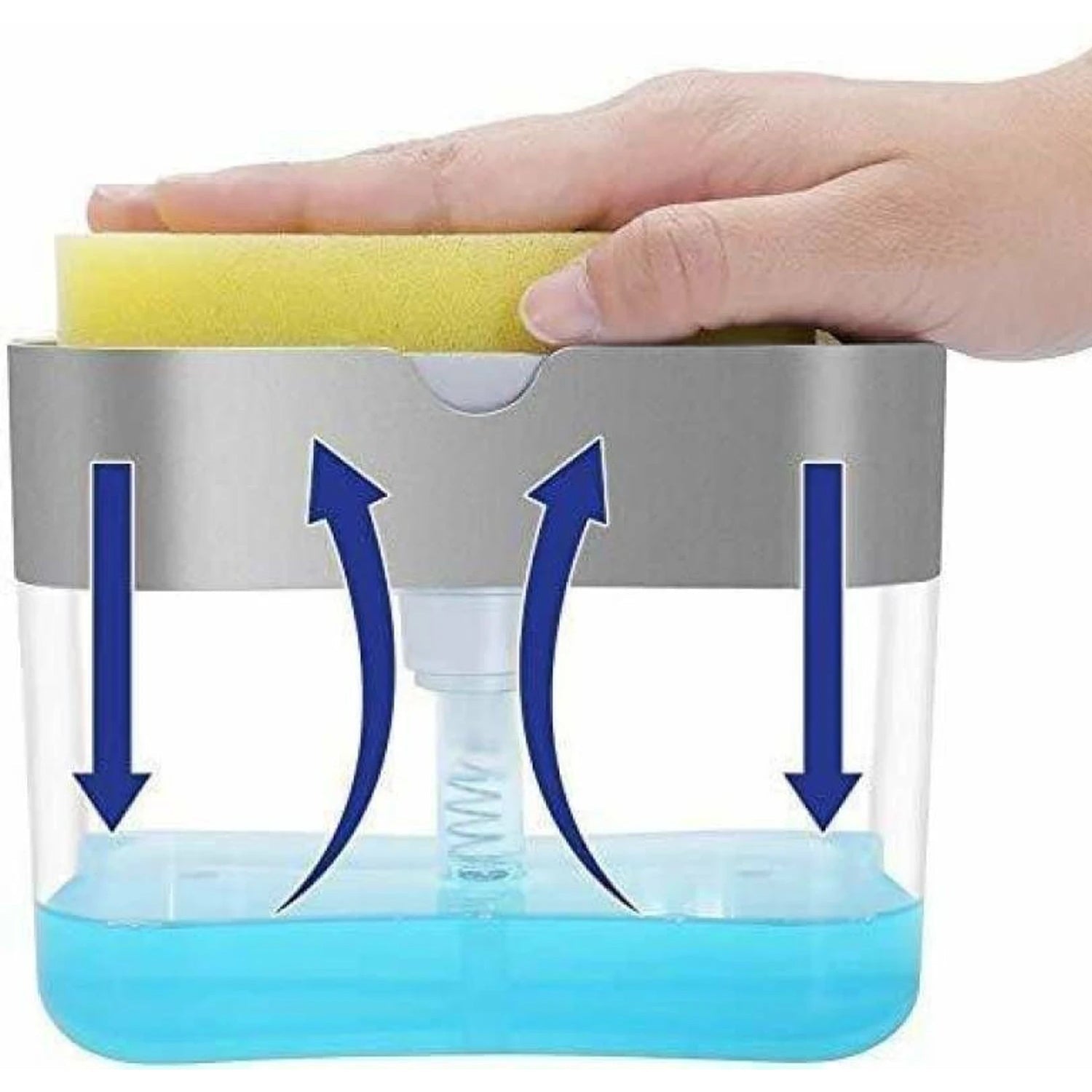 Soap dispenser and sponge holder in a modern kitchen setting.