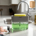 Kitchen soap dispenser with integrated sponge holder on a clean countertop.